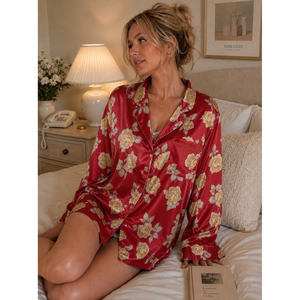Vintage Y2K Victoria's‎ Secret Long Sleeve Satin Sleep Shirt in Red Rose Print M
